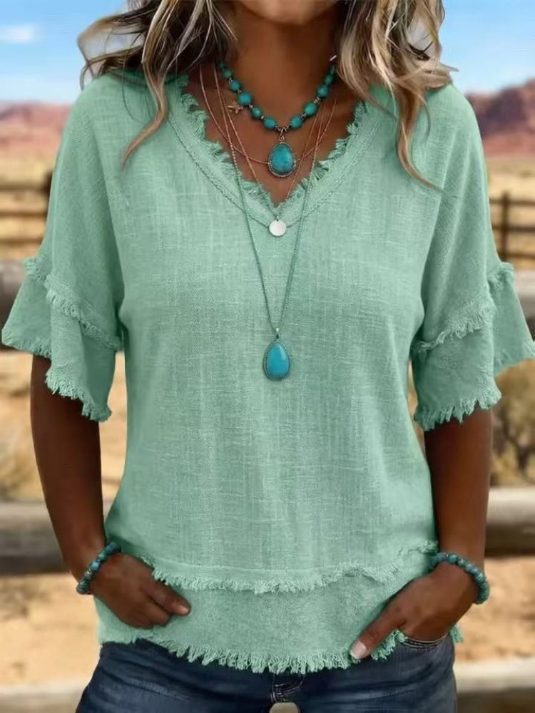 Sara | Linen Blend Fringe V-Neck Top