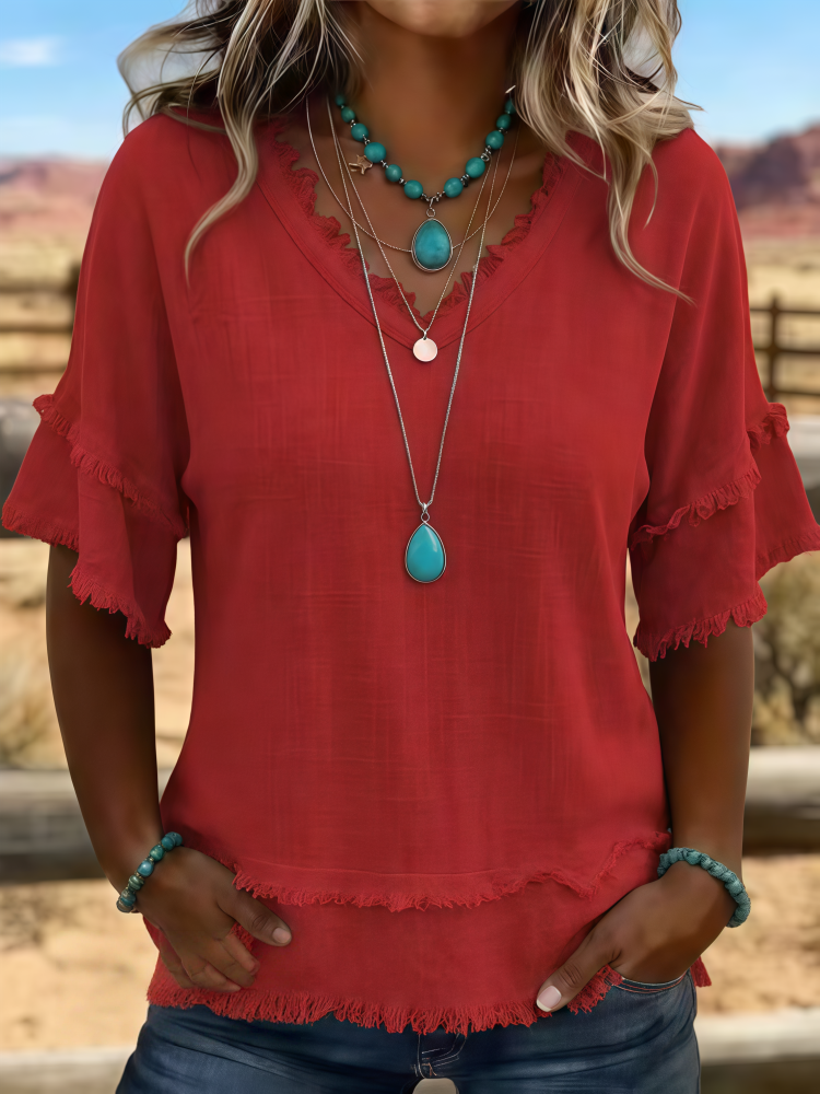 Sara | Linen Blend Fringe V-Neck Top