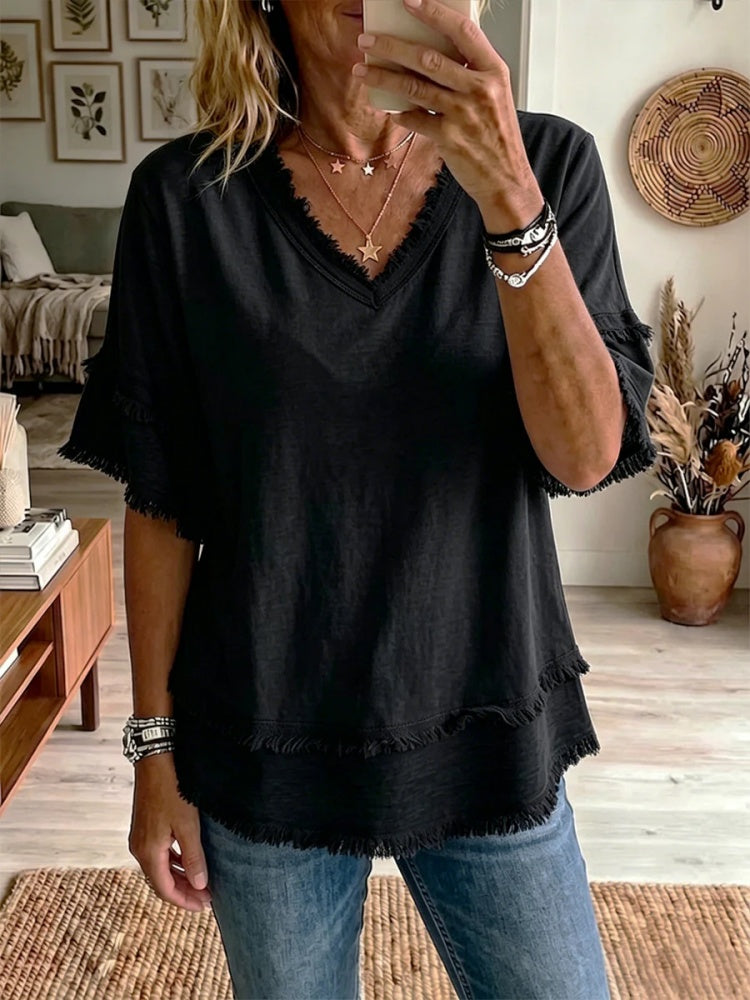 Sara | Linen Blend Fringe V-Neck Top