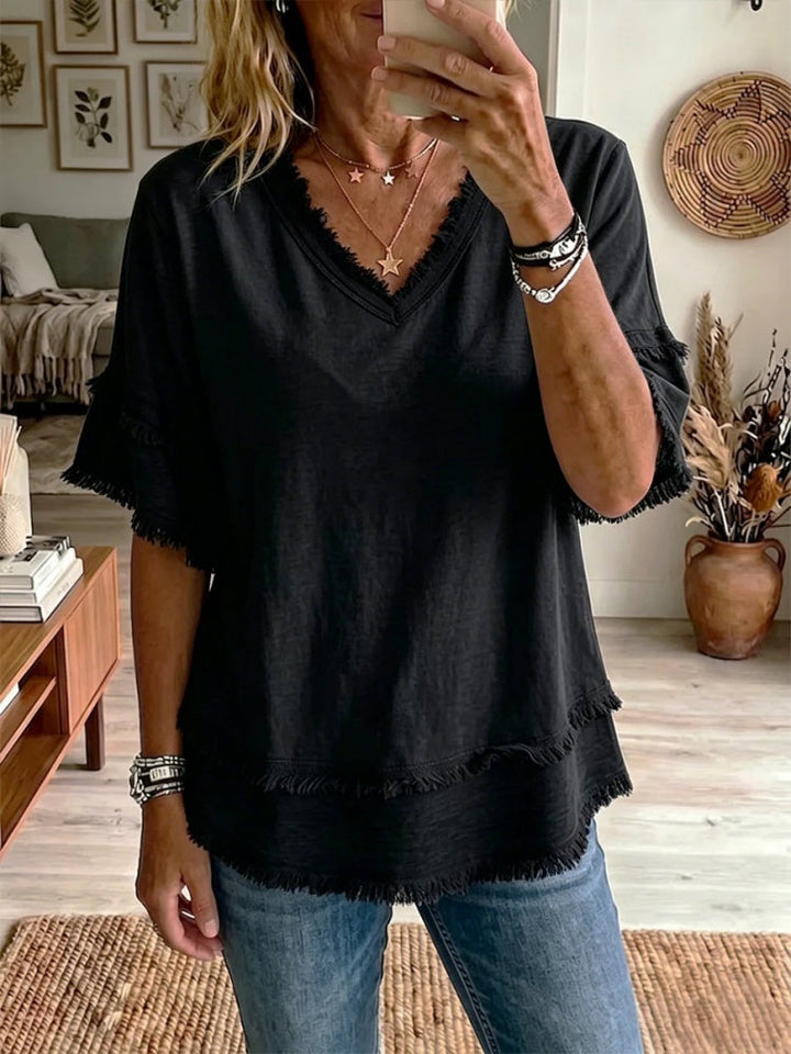 Sara | Linen Blend Fringe V-Neck Top