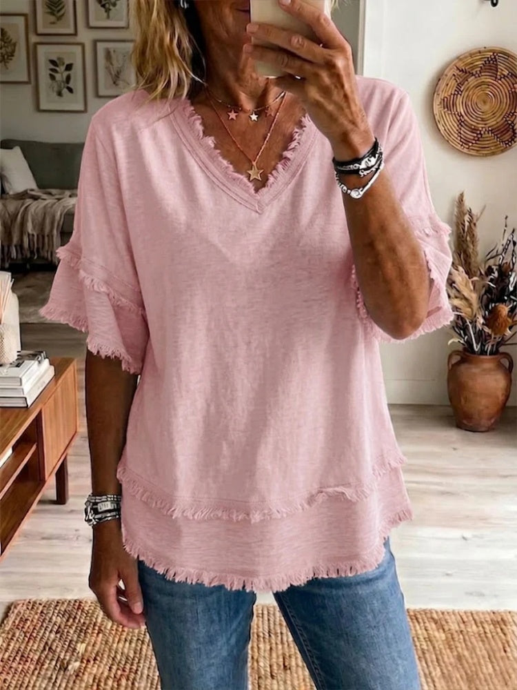 Sara | Linen Blend Fringe V-Neck Top