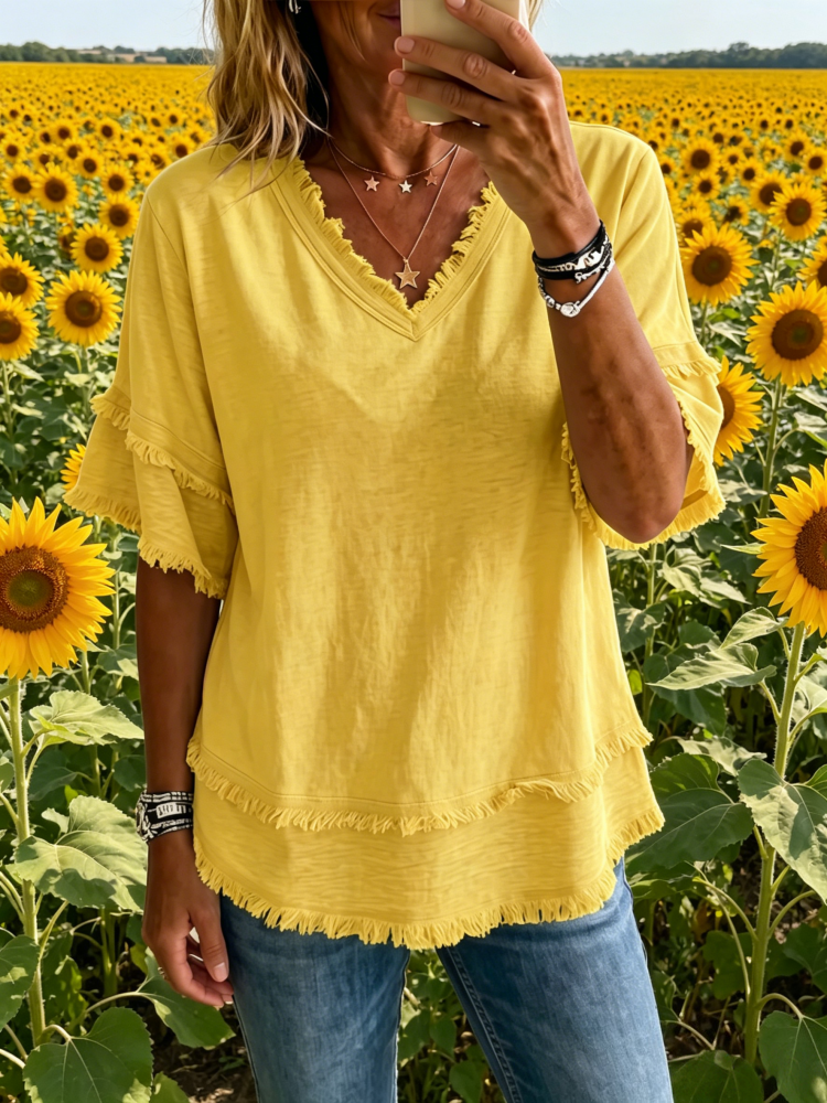 Sara | Linen Blend Fringe V-Neck Top
