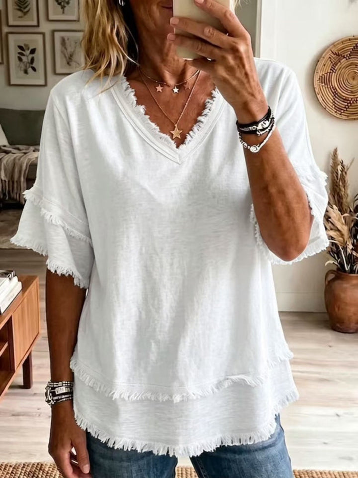 Sara | Linen Blend Fringe V-Neck Top