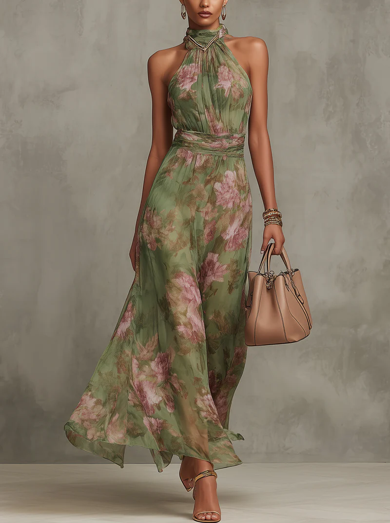 Livya | Floral Maxi Dress with Halter Neckline