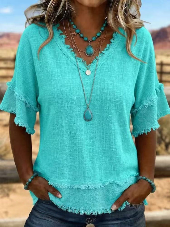 Sara | Linen Blend Fringe V-Neck Top