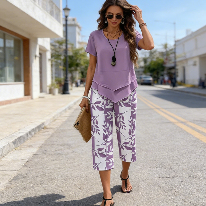 Susan | Casual Round Neck Layered Top and Wide Leg Pants Set