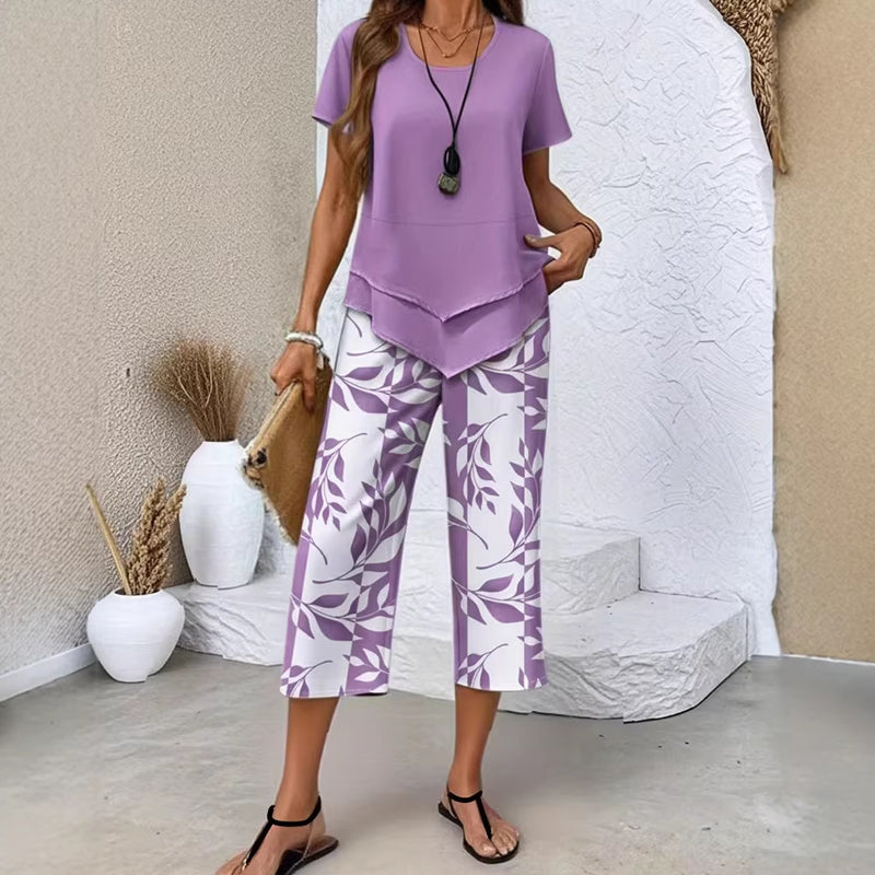 Susan | Casual Round Neck Layered Top and Wide Leg Pants Set