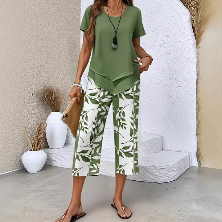 Susan | Casual Round Neck Layered Top and Wide Leg Pants Set