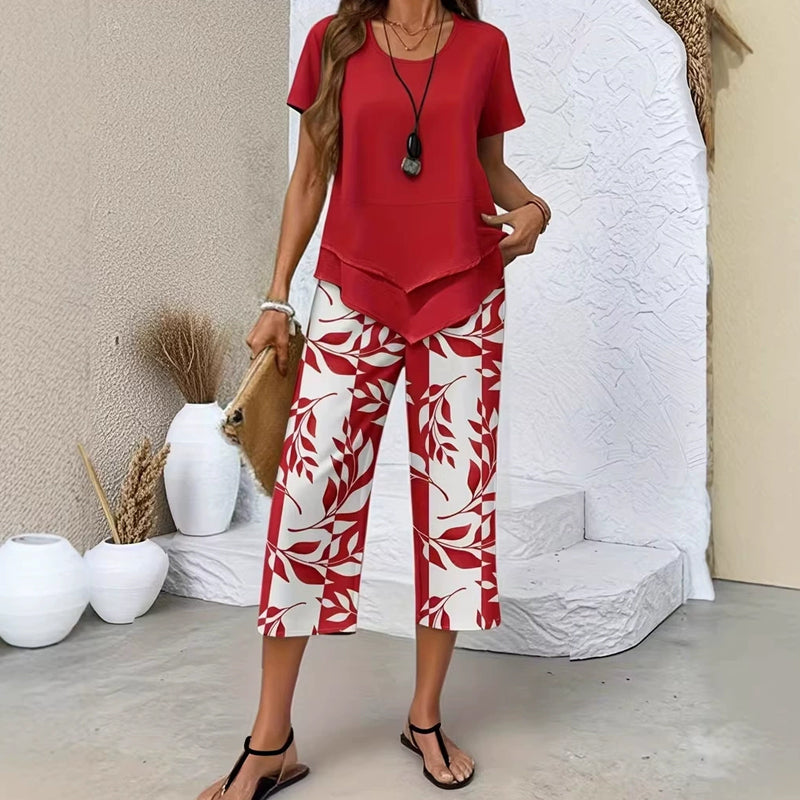 Susan | Casual Round Neck Layered Top and Wide Leg Pants Set