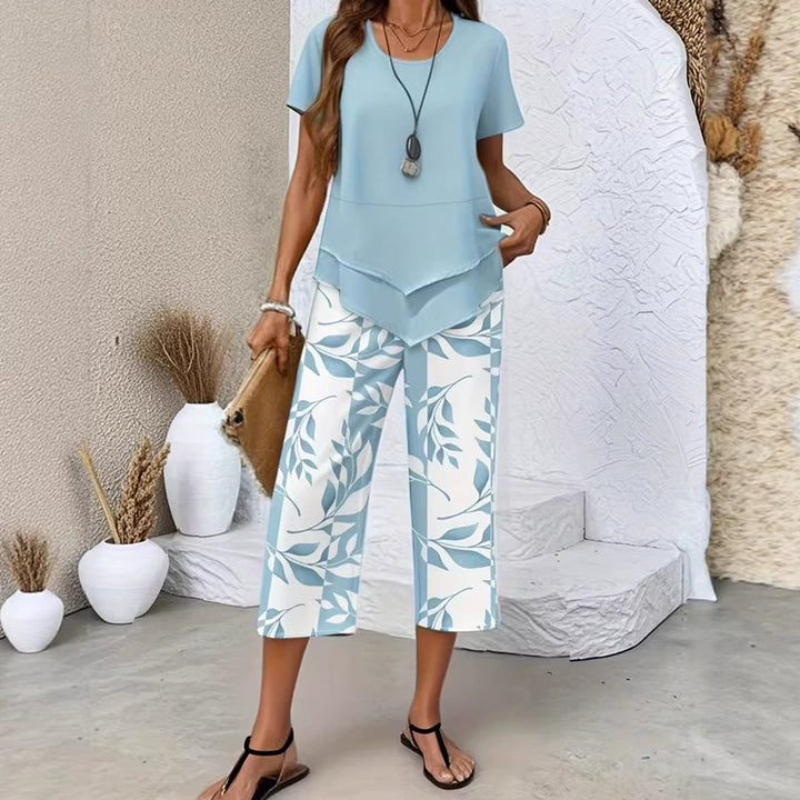 Susan | Casual Round Neck Layered Top and Wide Leg Pants Set