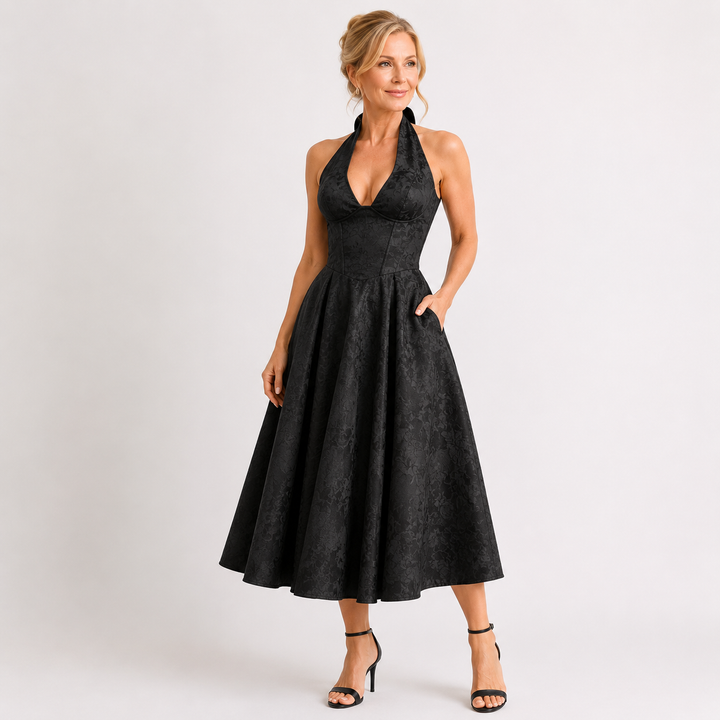 VIOLAINE™ – Embroidered Halter V-Neck Evening Dress
