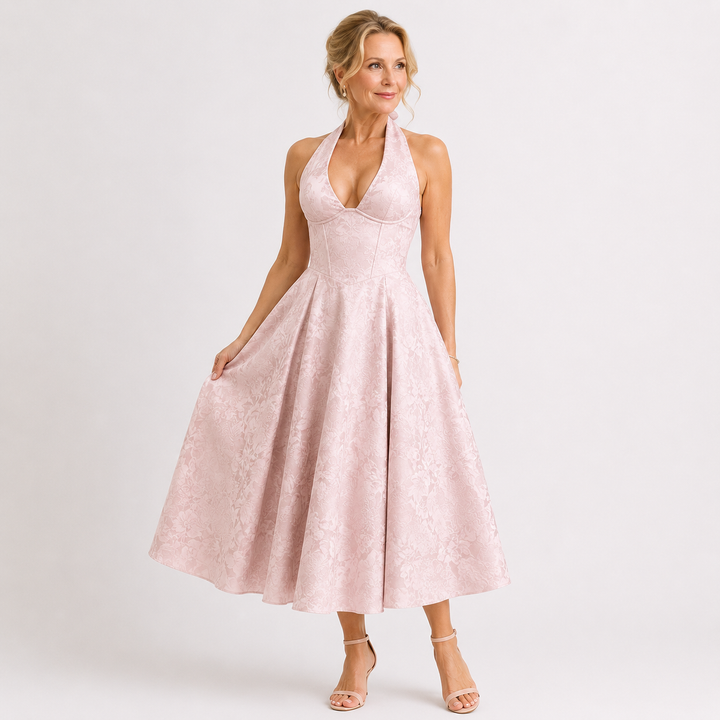 VIOLAINE™ – Embroidered Halter V-Neck Evening Dress