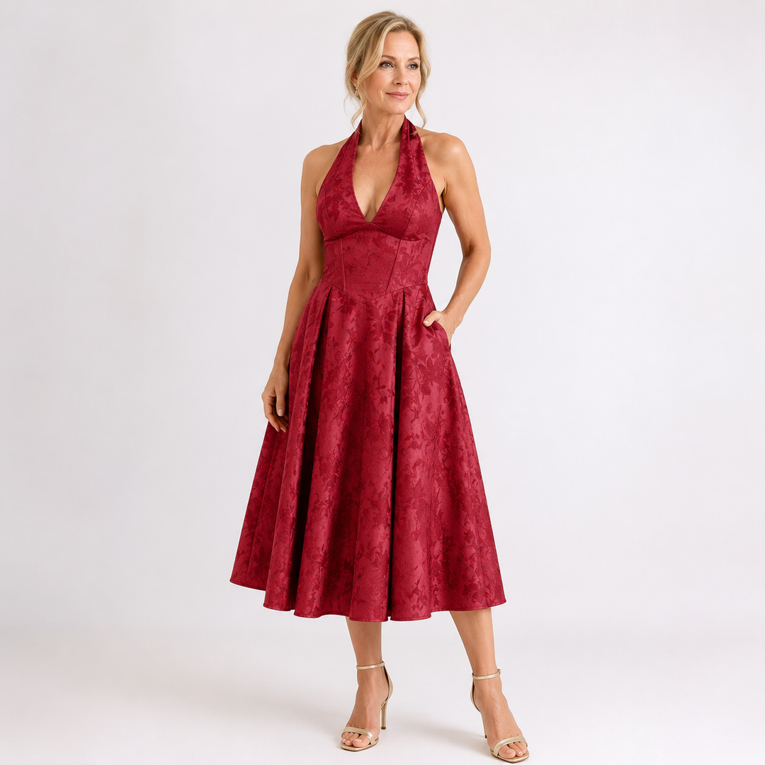 VIOLAINE™ – Embroidered Halter V-Neck Evening Dress