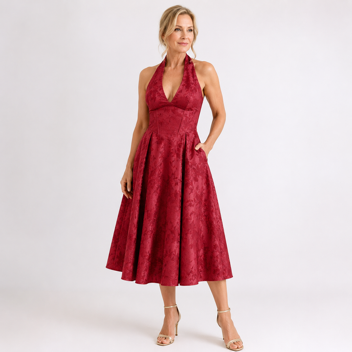 VIOLAINE™ – Embroidered Halter V-Neck Evening Dress