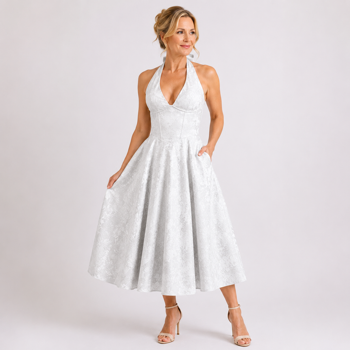 VIOLAINE™ – Embroidered Halter V-Neck Evening Dress