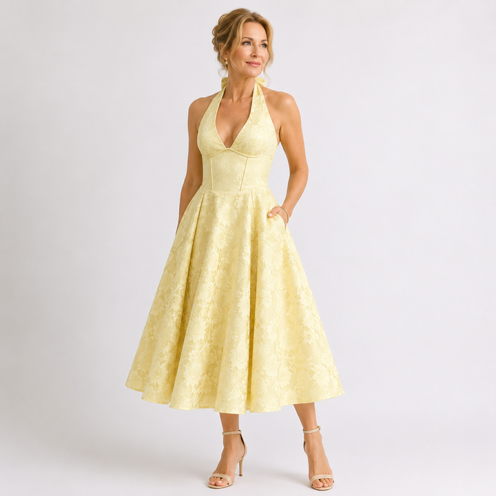 VIOLAINE™ – Embroidered Halter V-Neck Evening Dress